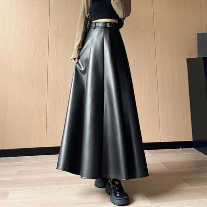 Ankle Length Faux Leather Skirt for Women Autumn Winter Elegant Belt A Line High Waist Long Maxi PU Skirt Female Z380