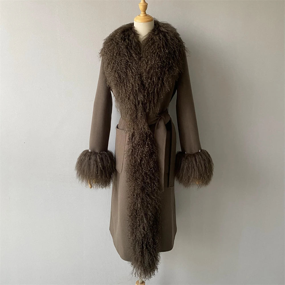 Women Mongolian Sheep Fur Coat Long Style Cashmere Jacket With Real Fur Trim Lady Autumn Winter Fashion Warm Outerwear