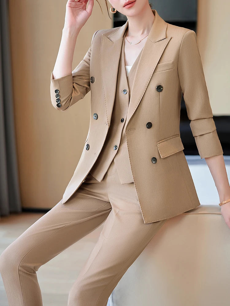 Autumn Winter Women Vest Blazer and Pant Suit Black Khaki Office Ladies Business Work Career Wear Formal 3 Pieces Set