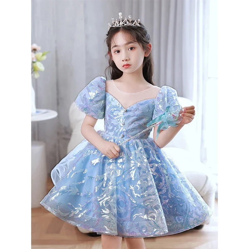 Kids Birthday Party Dresses for Little Girl Size 2 To 14 Years Prom Sequin Dress 2025 Luxury Gowns Sky Blue Evening Formal Frock