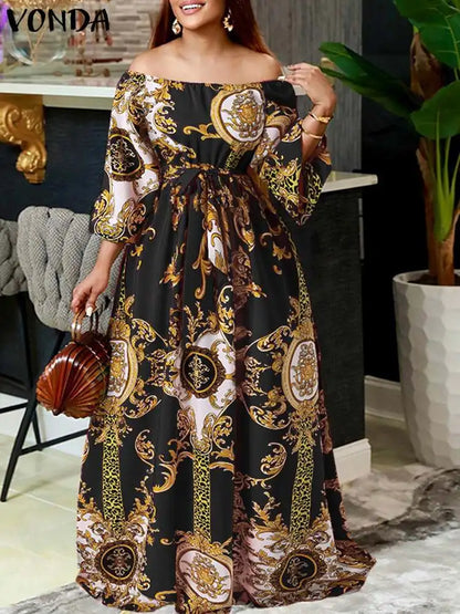 VONDA Women Printed Party Dress 2024 Sexy Off Shoulder Long Lantern Sleeve Bohemian Sundress Belted Vintage Maxi Robe Oversized