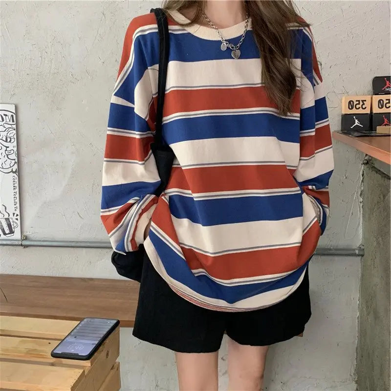 Women’s Casual Long Sleeve T-shirt Fashion Stripe Printing Round Neck Loose Pullover Tops