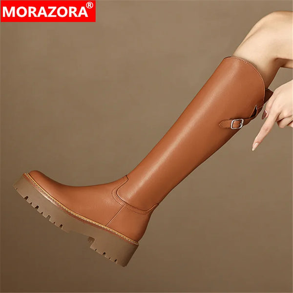 MORAZORA 2025 New Genuine Leather Zipper Women Boots Fashion Ladies Platform Boots Autumn Winter Knee High Boots