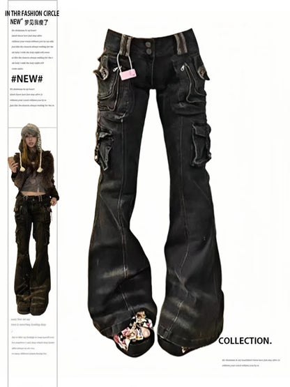 Women Korean Fashion Chic Jeans Grunge Japanese Harajuku Gyaru Y2K Denim Cargo Pants Cyber Punk Hip-pop 2000s Aesthetic Tomboy