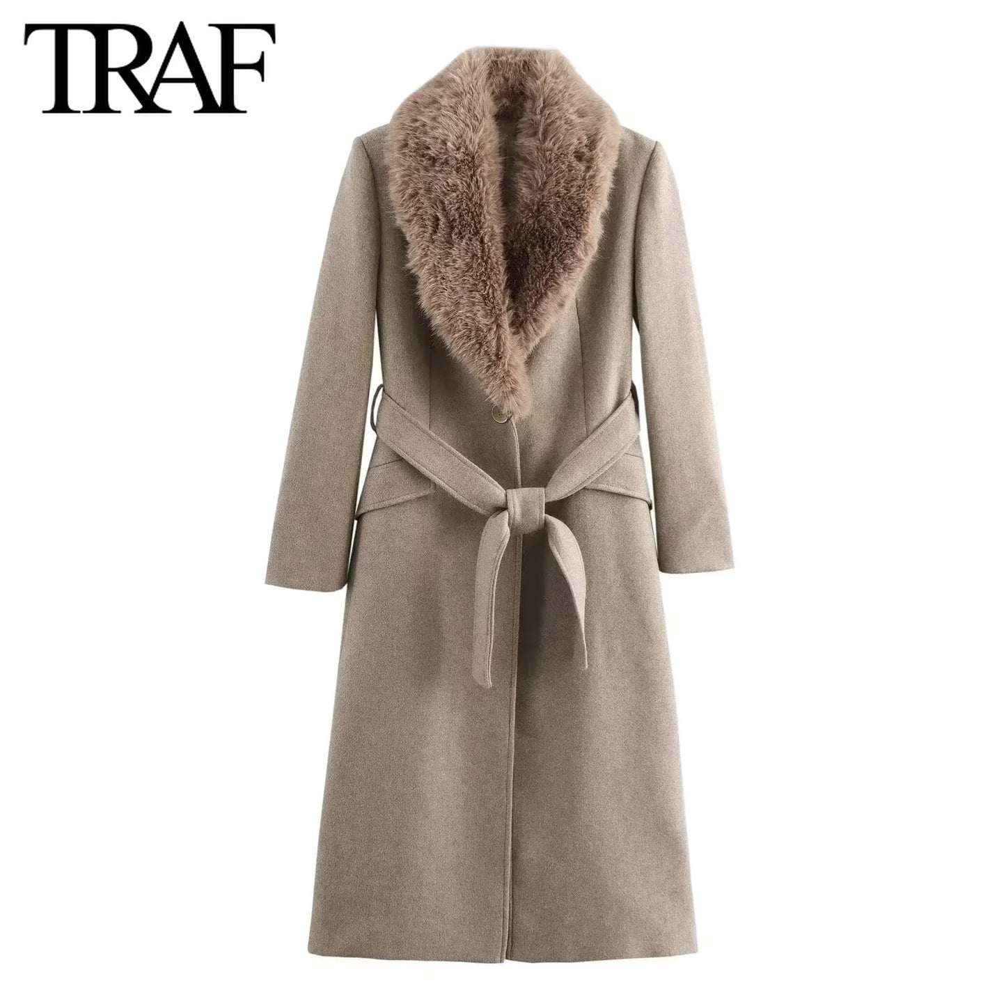 TRAF Wool Blend Elegant Long Coat Jackets Women Winter Removable Faux Fur Collar Belt  Warm French Chic Female Overcoat