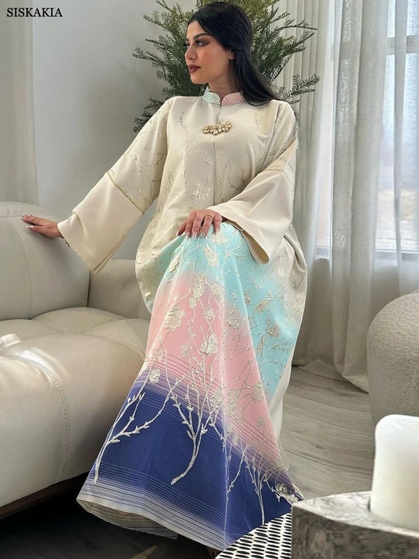 Dubai Fashion Floral Jacquard Gradient Color Elegant Long Dress Moroccan Arab Kaftan