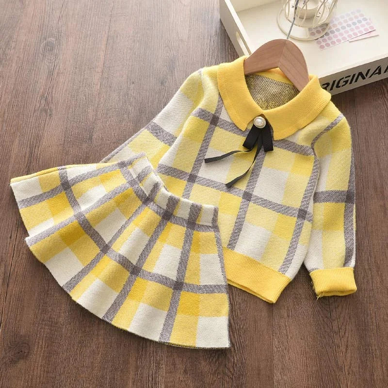 Bear Leader Winter Princess Outfits Girls Plaid Cute Clothing Sets Fashion Kids Baby Knitted Sweaters with Bow Ruffles Skirt