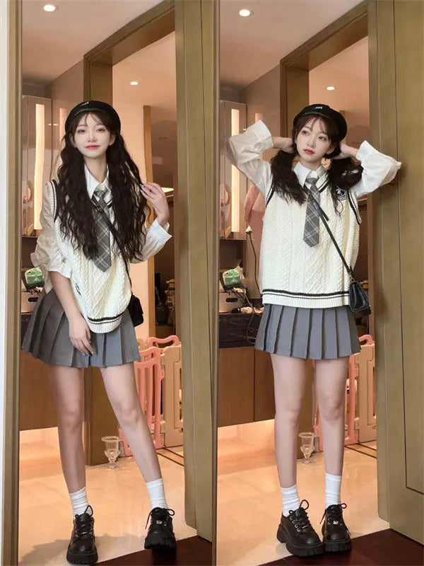 Japanese Cute School Uniform Women Korean Winter Knitting Sweater Skirt Sets V-neck Long Sleeve Jk Uniform School Girl Cosplay