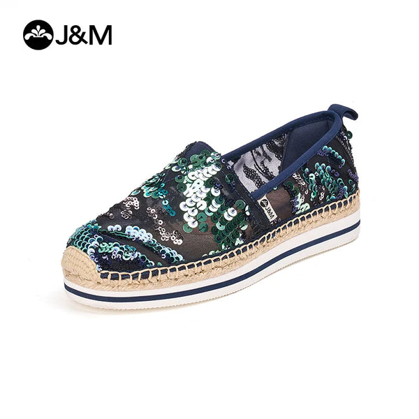 J&M Fashion Women Loafers Sequins Fisherman Shoes Summer Lace Breathable Mesh Platform Espadrilles Slip-On Casual Shoes Flat