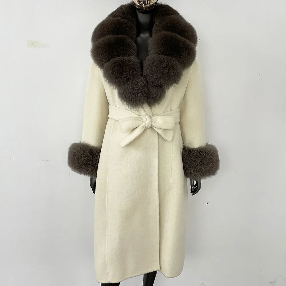 Wool Coat Women New Autumn Winter Real Fox Fur Jacket Female Long Warm Natural Fox Fur Collar Fur Cuffs