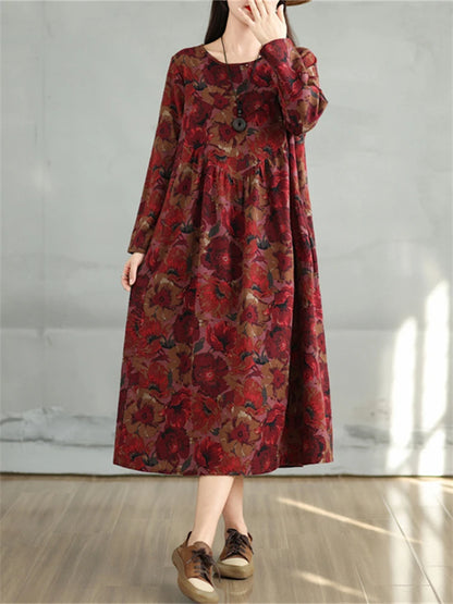 Cotton Vintage Print Floral Dresses 2024 Women Casual Loose Long Sleeve Dress Femme Robe Vestidos Elegant Spring Autumn Clothing