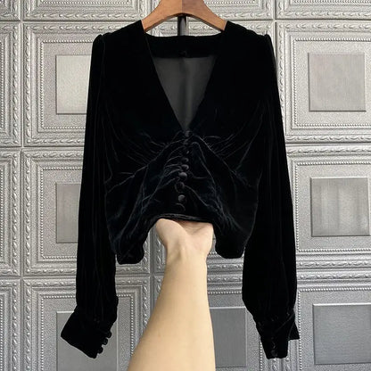 Blusas Mujer De Moda Temperament Black Blouses Women Clothing V-neck Long Sleeve Vintage Tops Tunic Velvet Korean Shirts