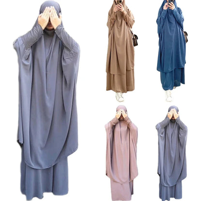 Muslim Sets Two Pieces Eid Hooded Long Sleeve Hijab Prayer Clothing Maxi Skirts Elastic Waist Women Dresses Abaya Ramadan Robes