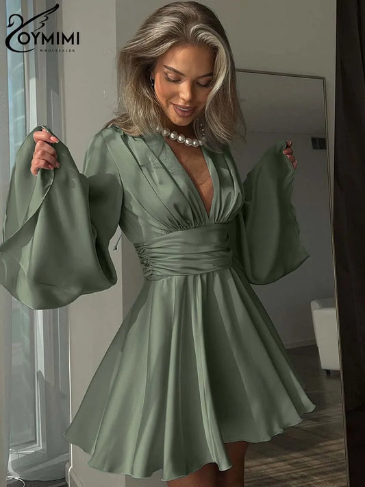 Oymimi Fashion Green Satin Women's Dress Elegant Deep V-Neck Long Sleeve Dresses Autumn High Waist Pleated Mini Dresses Female