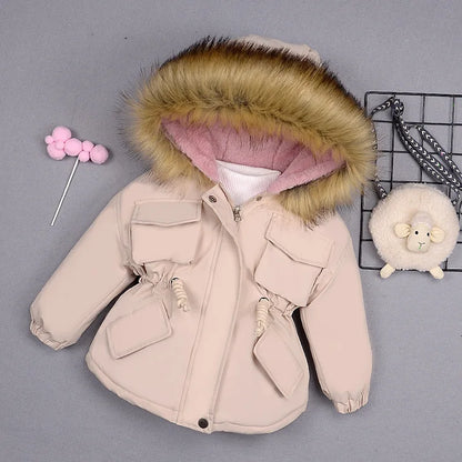 Kids Girl Jacket Big Fur Warm Toddler Children's winter cotton padded clothes girls thickened Hooded cotton padded coat