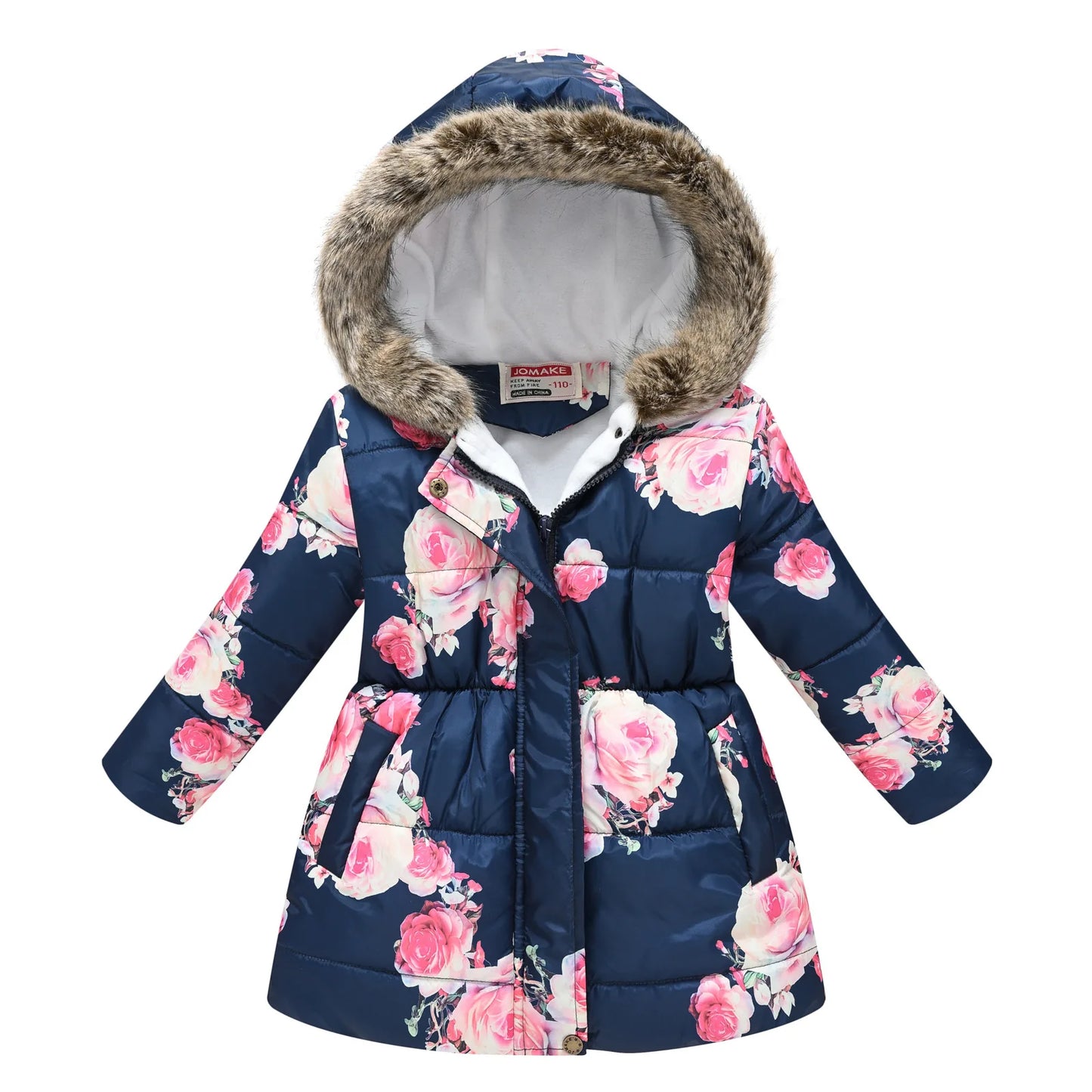 Autumn Winter Girls Jacket Keep Warm Fur Collar Fashion Prints Little Princess Coat Hooded Zipper Girls Outerwear Kids Clothes