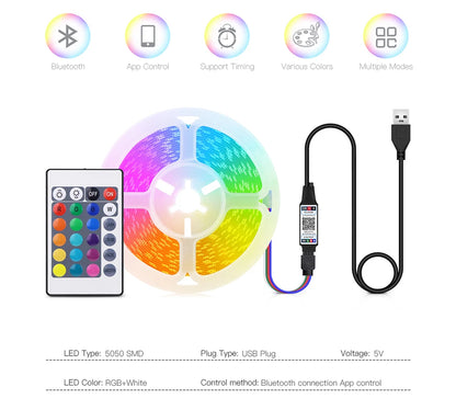 High Brightness 30LED/M RGB USB LED Light 5050 Diode Tape Wireless Bluetooth APP Control LED Strip For Bedroom Kitchen TV Decor