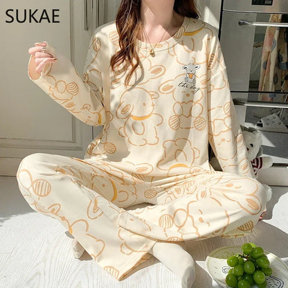 SUKAE Pink Puppy Printing Women Sleepwear Korean New Pajamas Set O-neck Long Sleeve Pijamas Autumn Spring Faux Cotton Nightwear