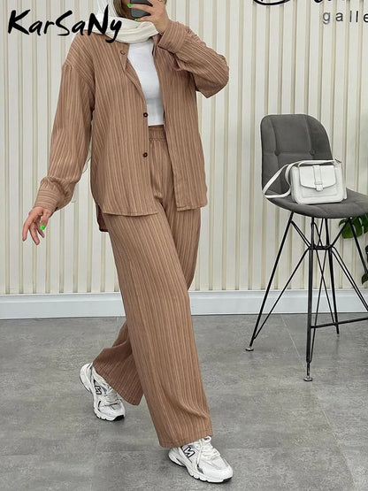 Loose 2 Pieces Set Women Outfit Shirt And Pants Set Chiffon Straight Full Pants Office Sets For Women Oversized Shirts Suits