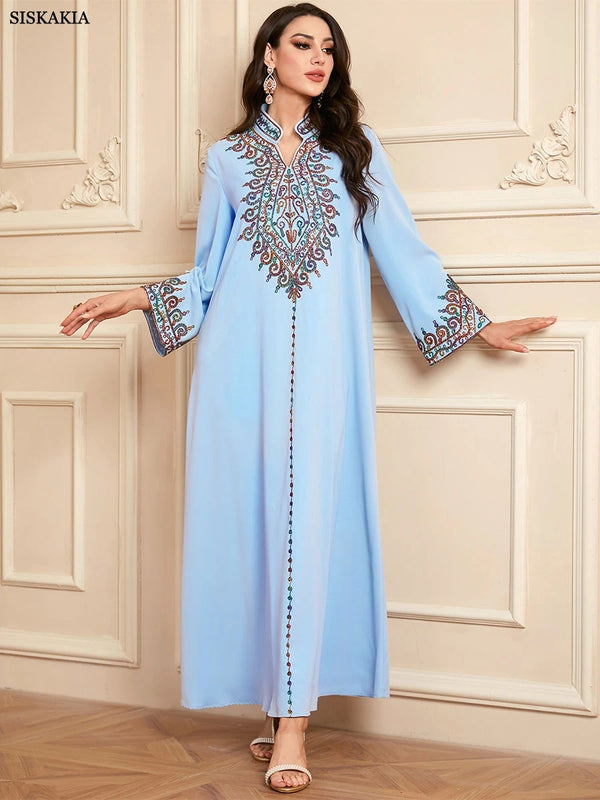 Siskakia Embroidery V-Neck Long Dress Dubai Arab Abaya For Muslim Woman Loose Moroccan Saudi Ethnic Jalabiya