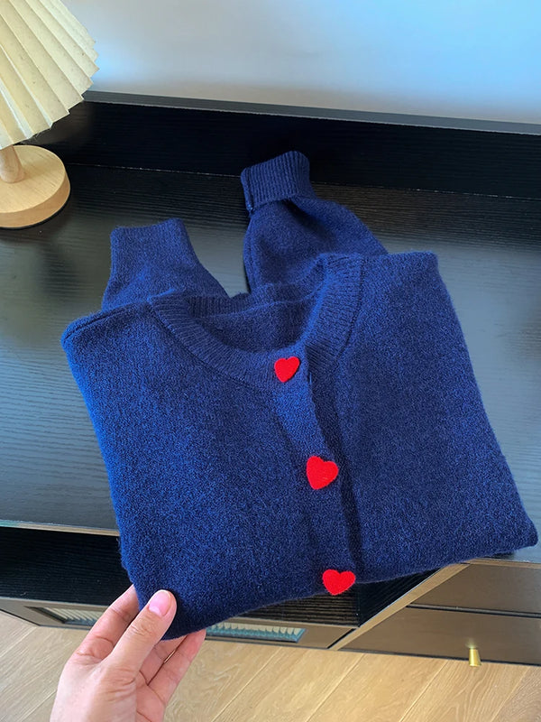 Knitted Cardigan Women's Autumn Korean Style Short Single Breasted Heart Button Design Sweet Sweater Coat Versatile