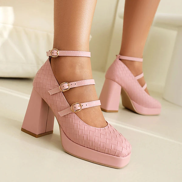 Plus Size Fine Plaid Three Row Buckle Mary Jane Shoes With Square Toe Platform Ultra-High Thick Heel Breathable High Heels