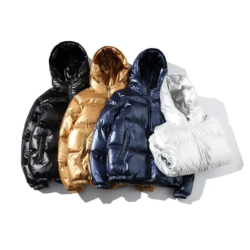 Mens Bright Gold Hooded Coat Thick Plus Size Short Cotton Puffy Coat Male Shiny Winter Parka Streetwear Boys Quilted Jacket 5xl