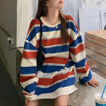 Women’s Casual Long Sleeve T-shirt Fashion Stripe Printing Round Neck Loose Pullover Tops