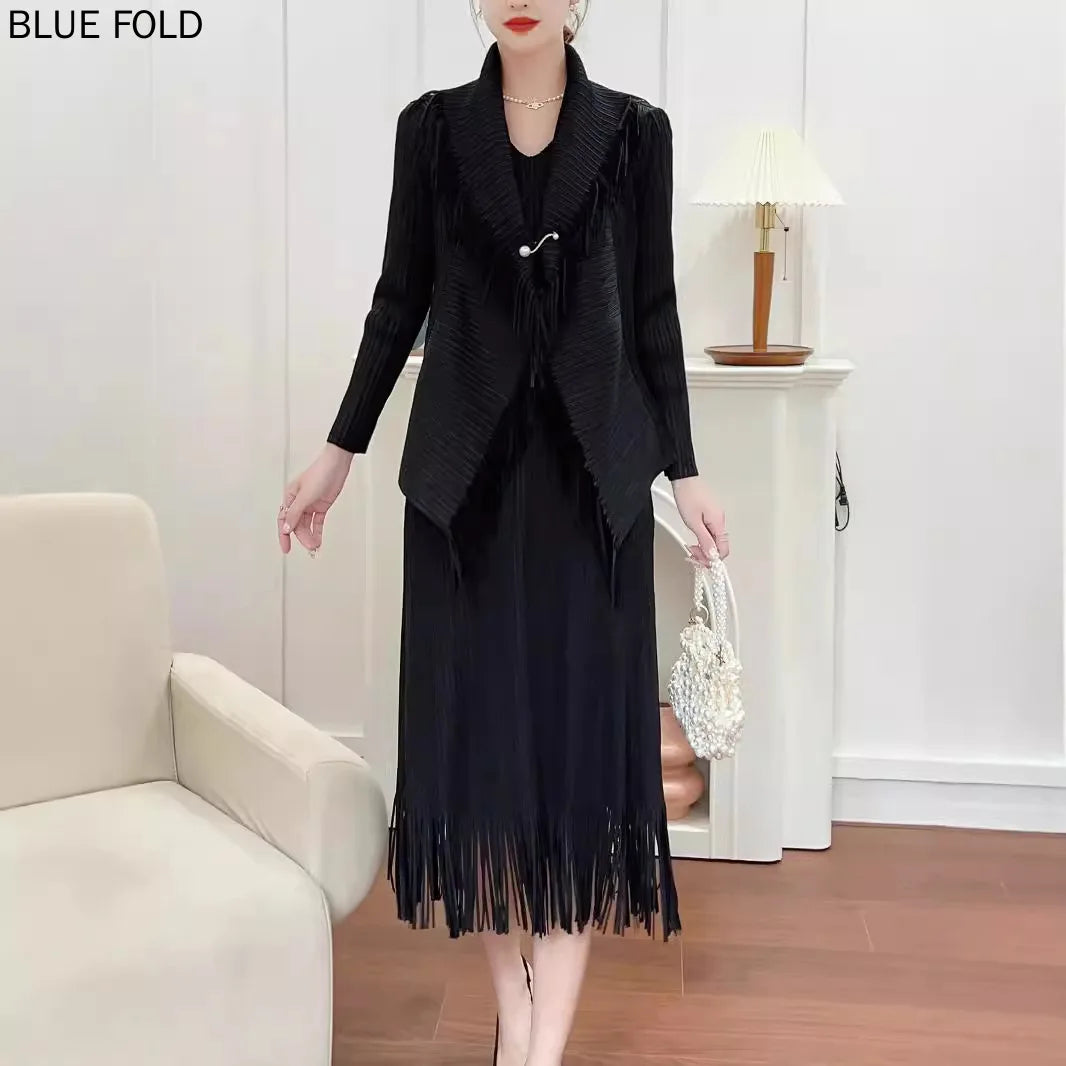 MIYAKE Pleated Design Tassel Dress Suit for Women Spring and Autumn High-end Temperament Mid-length Sleeveless Vest Dress Sets