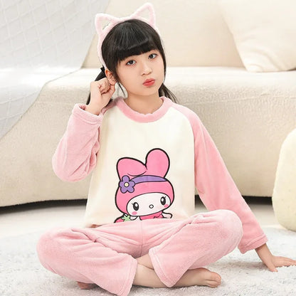 2025 Autumn Winter Children Flannel Pajamas Sets Cute Anime Cartoon Girl Pijamas Boy Warm Sleepwear Miniso Kids Homewear Clothes