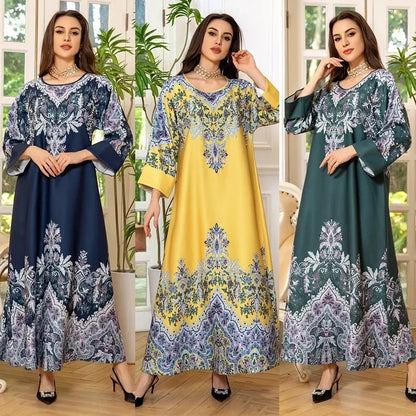 Eid Muslim Abaya for Women Party Dresses Print Vestidos Diamonds Arab Long Robe Jalabiya Ramadan Morocco Dubai Abayas Kaftan