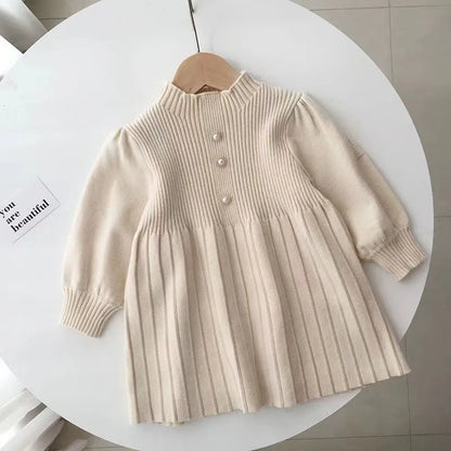 Girls Bubble Sleeve Woolen Dress Autumn And Winter Fashionable Red Princess Pleated Dress Little Fragrant Baby Knitted Dress