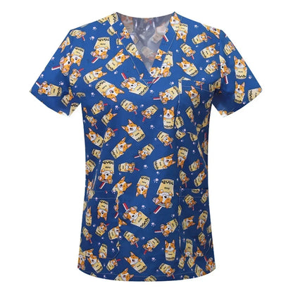 Cartoon Print Women Scrubs Uniform Surgical Top Hospital Doctor Surgery Workwear Dental Clinic Costume Pet Grooming Work Clothes