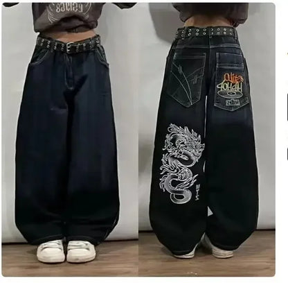 New American Harajuku Retro Straight High Waist Y2K Street Style Women Washed Blue Pockets Baggy Jeans Gothic Wide Pants