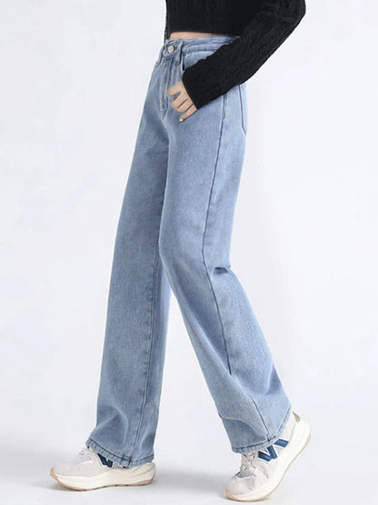 Women Vintage Loose Straight Jeans Winter Warm High Waist Velvet Lined Wide Leg Denim Pants Korean Thicken Casual Chic Vaqueros