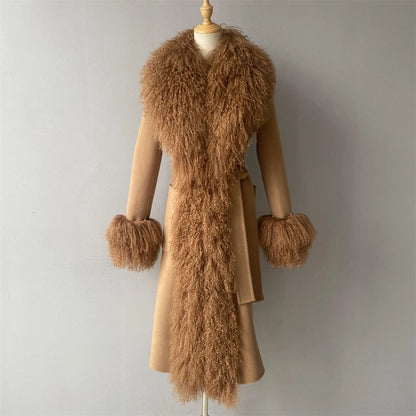 Women Mongolian Sheep Fur Coat Long Style Cashmere Jacket With Real Fur Trim Lady Autumn Winter Fashion Warm Outerwear