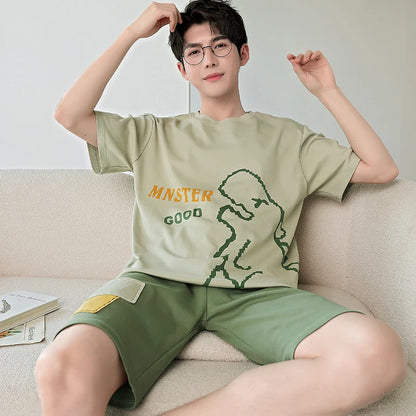 2025 Summer Men’s Sleepwear Cotton Cartoon Pajamas Sets For Man Short Loungewear Young Home Wear Fasion Student Pyjama Set Homme