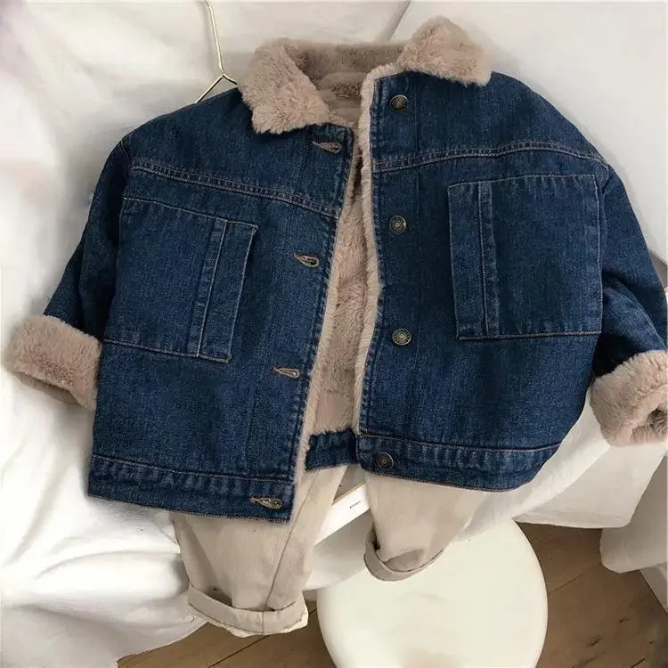 2025 Autumn Winter Children Big Boy Outerwear Coat Fleece Thicken Warm Toddler Boys Denim Jacket Kids Girls Parkas 2-11 Yrs