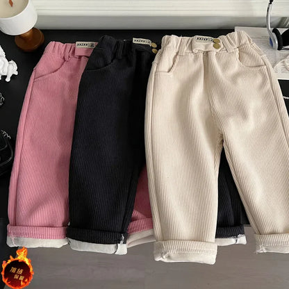 Kids Warm Pants Boy Girls Autumn Winter Corduroy Thick Outer Wear Sports Trousers 1-9Y Children Clothes Casual High Waist Pants