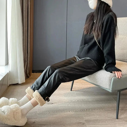 Plus Velvet Straight Black Leather Pants Women's Autumn Winter High Waist Loose Pantalones Splicing Lambswool Pu Leather Pants