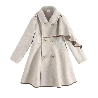 Winter Beige Thick Long Jackets Little Kid's Girls Coat Breasted Woolen Overcoat Cotton Trench Jackets Teenage Girl Coat 2-16Y