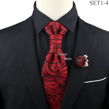 New Men's Premium Paisley Tie Brooch Set Red Black Blue Ajustable Neck Tie Luxury Classic Suit Tuxedo Groom Wedding Accessories