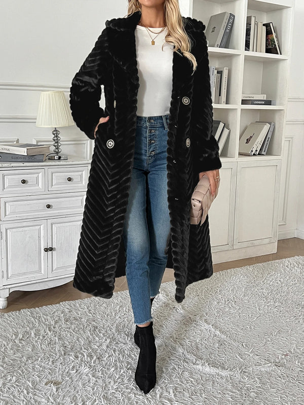 Faux fur long coat jacket lapel coat loose warm high-end ladies coat 2024 autumn winter new V-print