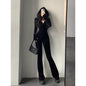 TVVOVVIN  Fashion Black Velvet Slim Hooded Zipper Long Sleeve Flare Pants Jumpsuit Rompers Korean Sexy Hot Tops