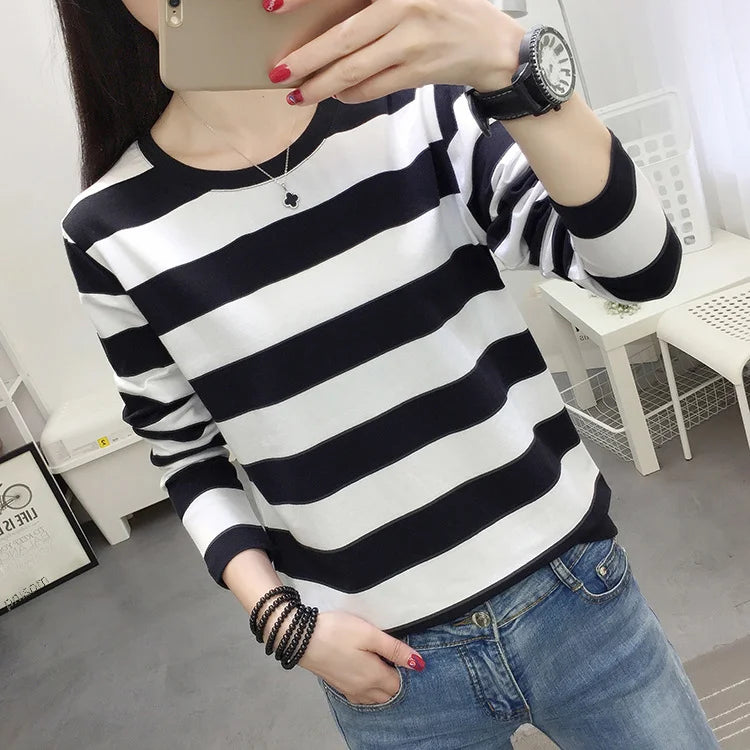 Autumn Loose Pure Cotton Long Sleeve T-shirt Women Clothing Middle-aged Mom Base Shirt Striped Top