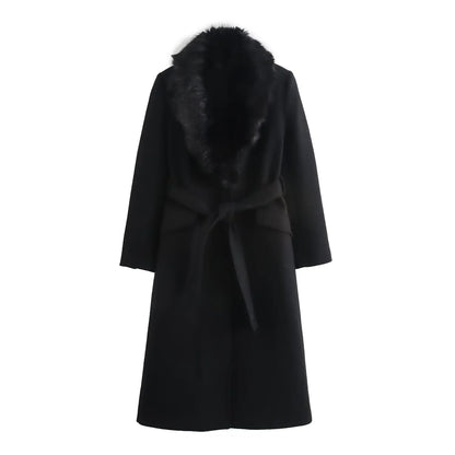 TRAF Wool Blend Elegant Long Coat Jackets Women Winter Removable Faux Fur Collar Belt  Warm French Chic Female Overcoat