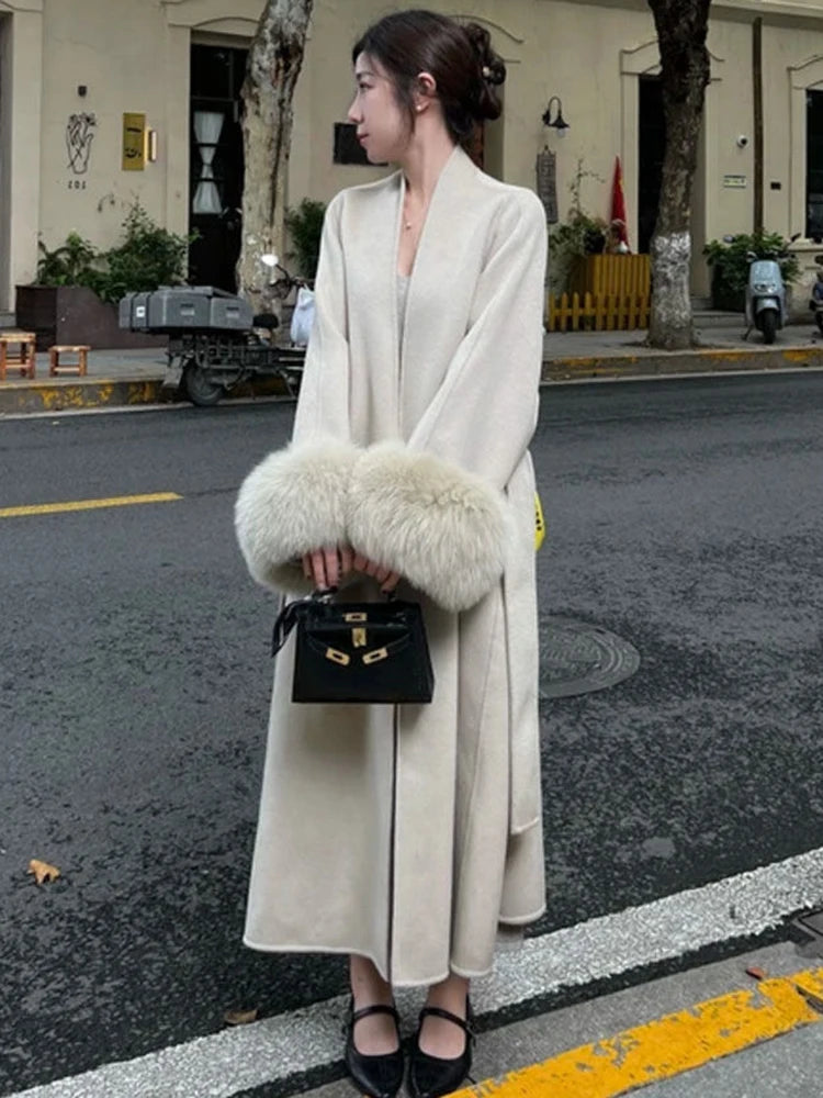 2025 Vintage Wool Blend Coat With Belt Long Women's Elegant Warm Coat Women's Winter Clothes Fashion Outerwear Trench Coat