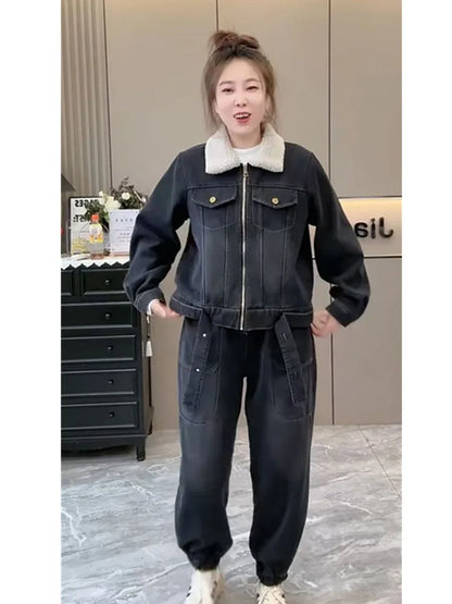 Denim Suit Women Clothes 2025 Autumn and Winter New Cashmere Thickening Loose Large Size Fashion Slimming Two-piece Set Tide