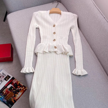 YuooMuoo Brand Fashion One-piece Knitted Maxi Dress Women Elegant V-neck Ruffled Slim Waist Bodycon Sweater Dress Party Vestido