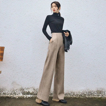 Super High Waist Wool Blend Pants Fall Winter Womens Warm Straight Trousers Loose Cashmere Thick Woolen Wide Leg Pantalones New